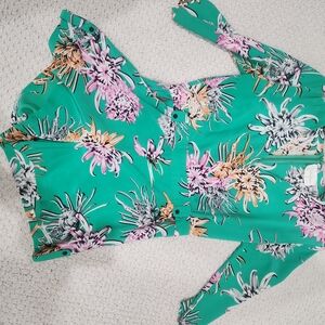 Yumi Kim Green Women's Floral V Neck Silk Romper with Button Details